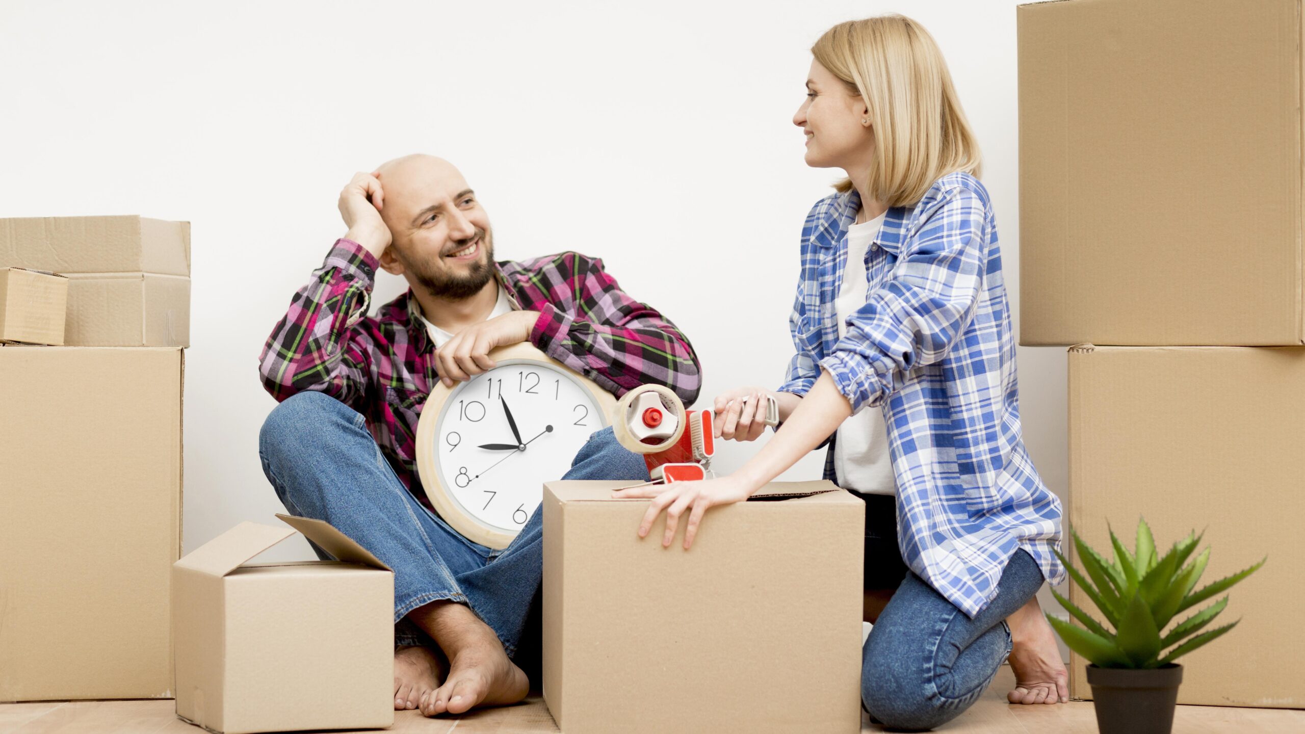 Deux personnes entourées de cartons, l’un tenant une horloge, prêt à organiser son déménagement.