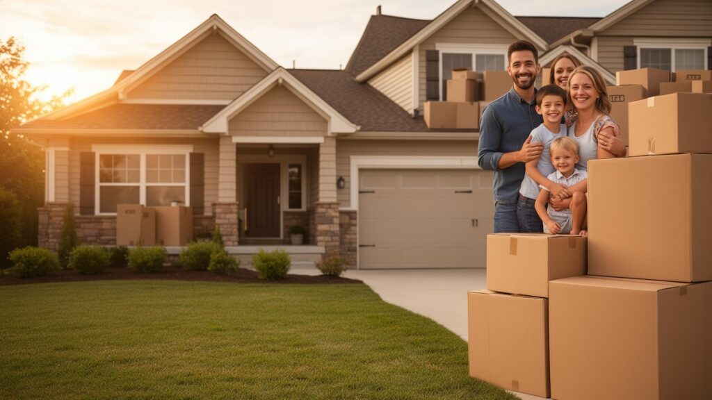 Famille heureuse devant leur maison, entourée de cartons, illustrant un déménagement clé en main.