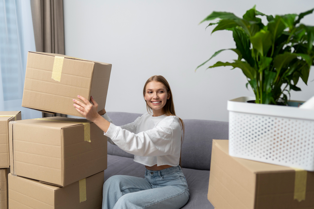 Femme souriante assise sur un canapé, empilant des cartons lors d’un déménagement, avec des boîtes et une plante d’intérieur. organiser son déménagement.