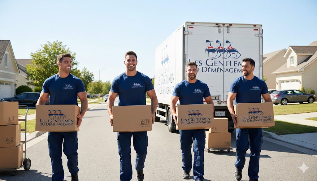 Quatre déménageurs en chemises bleues portent des cartons, devant un camion blanc « Les Gentlemen du Déménagement » et des maisons en banlieue.